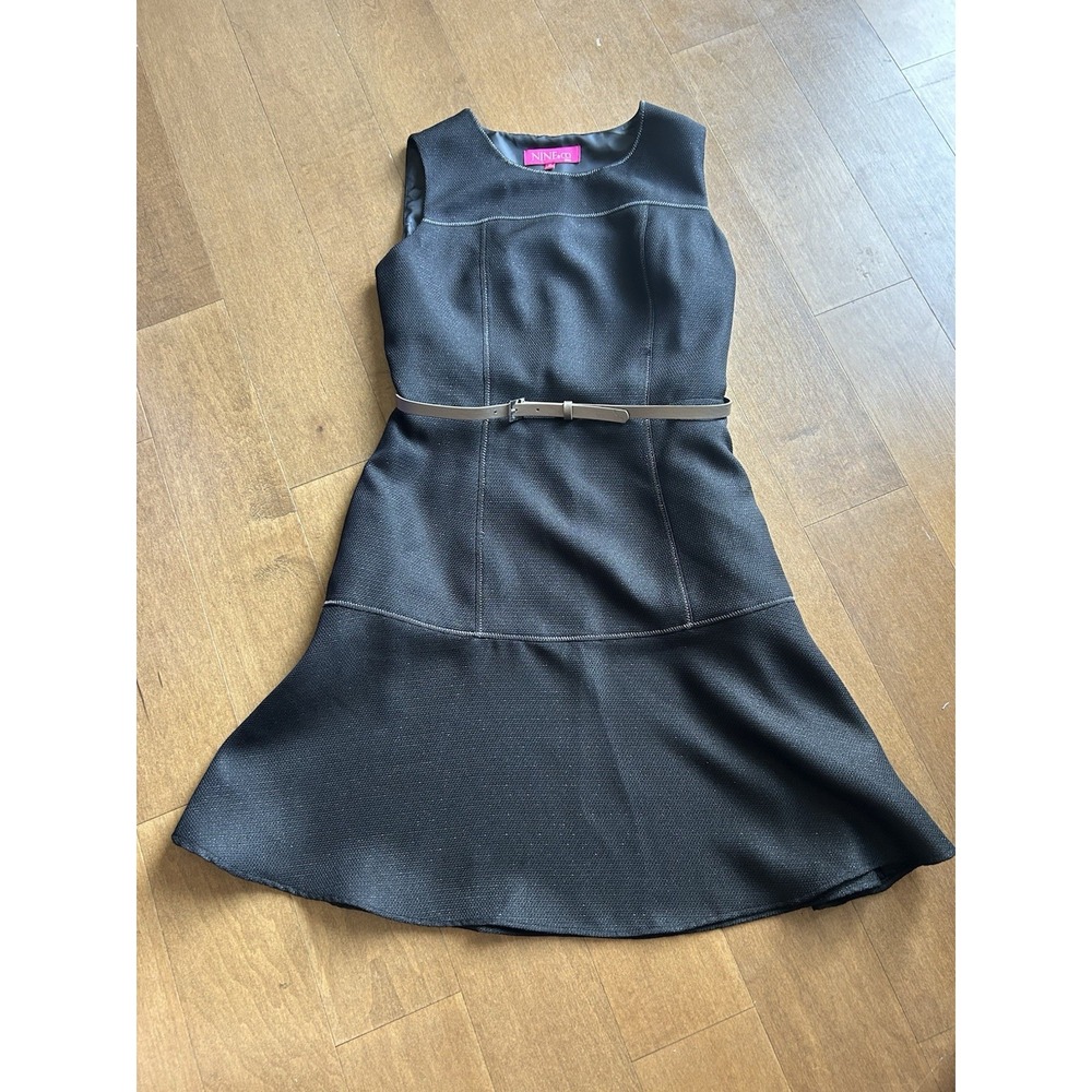 Nine & Co Black Tweed Stitch Detail Belt Fit Flounce Work Dress 10 Day To Dinner